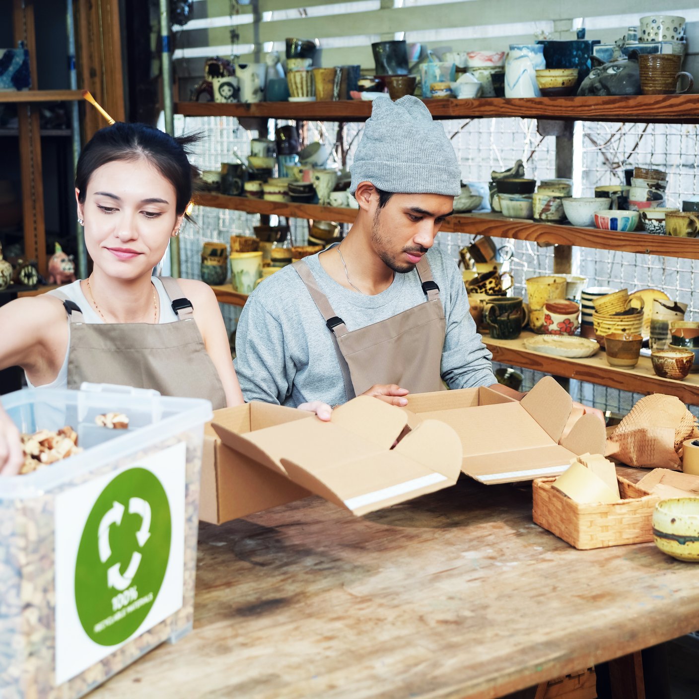 SME business owner chooses to use eco-friendly packaging, utilizing recyclable cardboard and water hyacinth cushioning for their pottery, showcasing an environmentally conscious and waste reduction approach. Southeast Asian and Thai ethnicity model, Males and Females, including white people, 25-29 years
